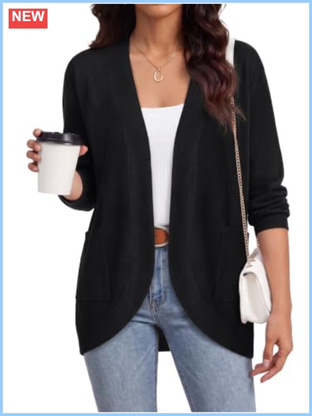 Womens Open Front Cardigan Long Sleeve Ribbed Curved Hem Pockets Loose Duster